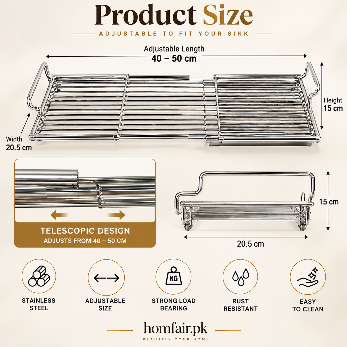 Adjustable Stainless Steel Telescopic Sink Drainer Basket 40–50cm Kitchen Sink Dish Drying Rack