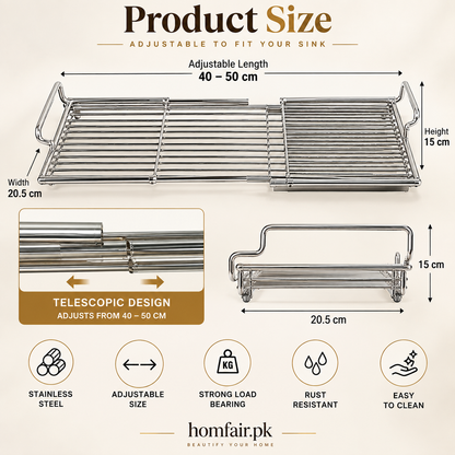 Adjustable Stainless Steel Telescopic Sink Drainer Basket 40–50cm Kitchen Sink Dish Drying Rack
