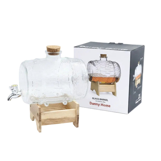Danny Home Premium 2L Glass Barrel Drink Dispenser with Wooden Stand & Tap for Juice, Iced Tea & Infused Drinks