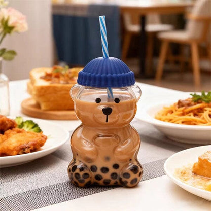 Bear Shaped Glass Tumbler with Straw & Lid – Cute Drinking Cup