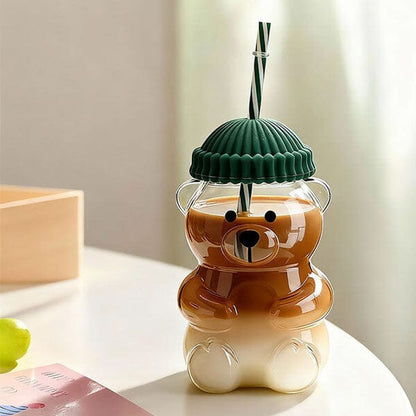 Bear Shaped Glass Tumbler with Straw & Lid – Cute Drinking Cup