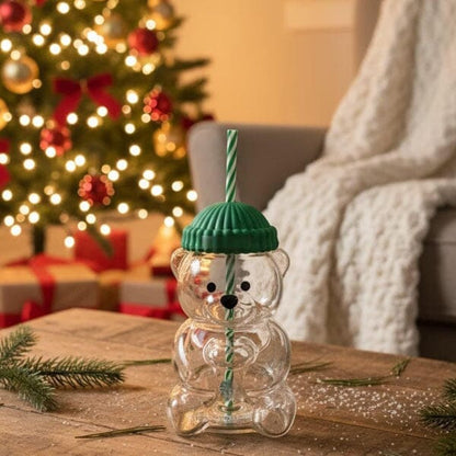 Bear Shaped Glass Tumbler with Straw & Lid – Cute Drinking Cup