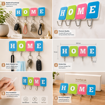 HOME Decorative Wall Key Holder with 4 Heavy-Duty Hooks