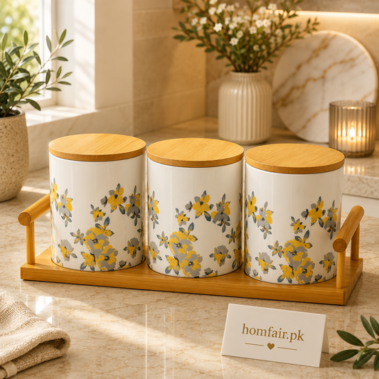 Premium Floral Ceramic Tea, Coffee & Sugar Canister Set with Bamboo Tray