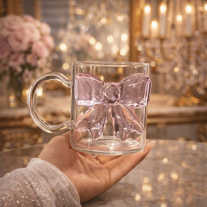 Luxury 3D Bow Glass Mug with Handle for Coffee & Tea