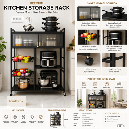 Premium Kitchen Storage Cabinet Rack with Sliding Doors & Multi-Tier Shelves
