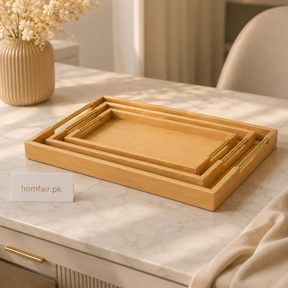 Wooden Serving Tray Set with Gold Handles – 3 Piece Nesting Decorative Trays