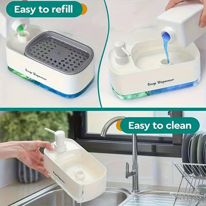 Kitchen Dishwashing Soap Dispenser With Dual Compartments and Sponge Tray