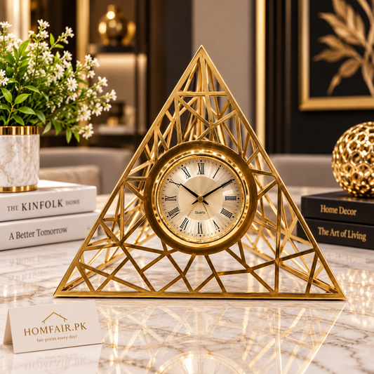 Luxury Geometric Gold Table Clock with Roman Numeral Dial & Decorative Triangle Design