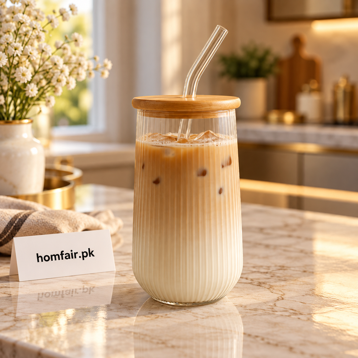 Minimal Ribbed Glass Cup with Wooden Lid & Reusable Glass Straw