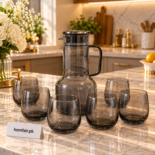 Aero Luxe 7-Piece Ribbed Glass Carafe & Hexagonal Tumbler Set