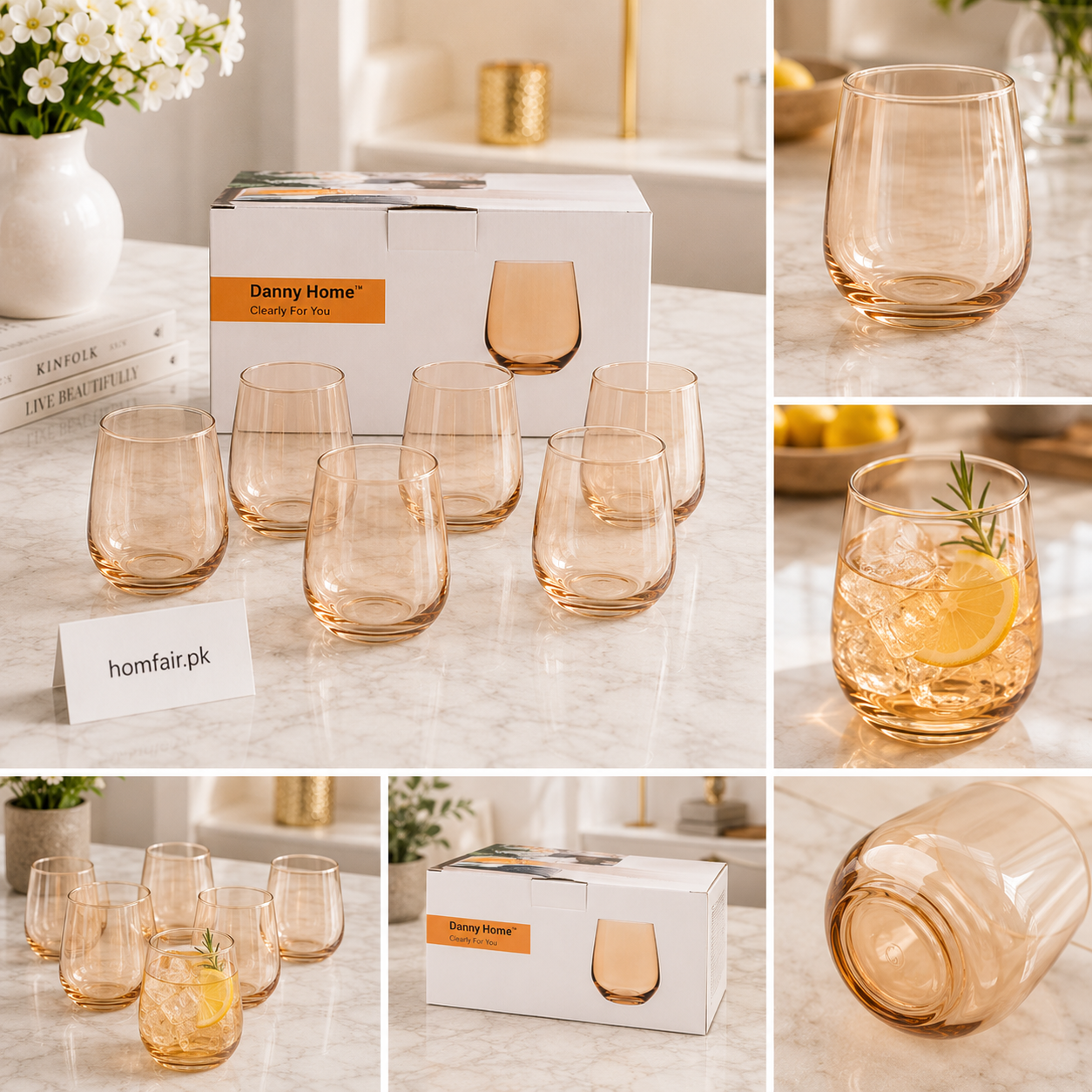 Danny Home Amber Glass Tumbler Set 6 Pcs Premium Stemless Drinking Glasses