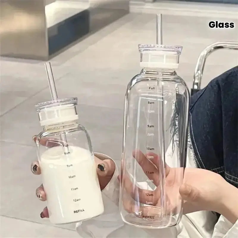 Transparent Glass Water Bottle with Straw Leakproof Drinkware