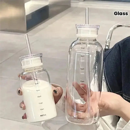 Transparent Glass Water Bottle with Straw Leakproof Drinkware
