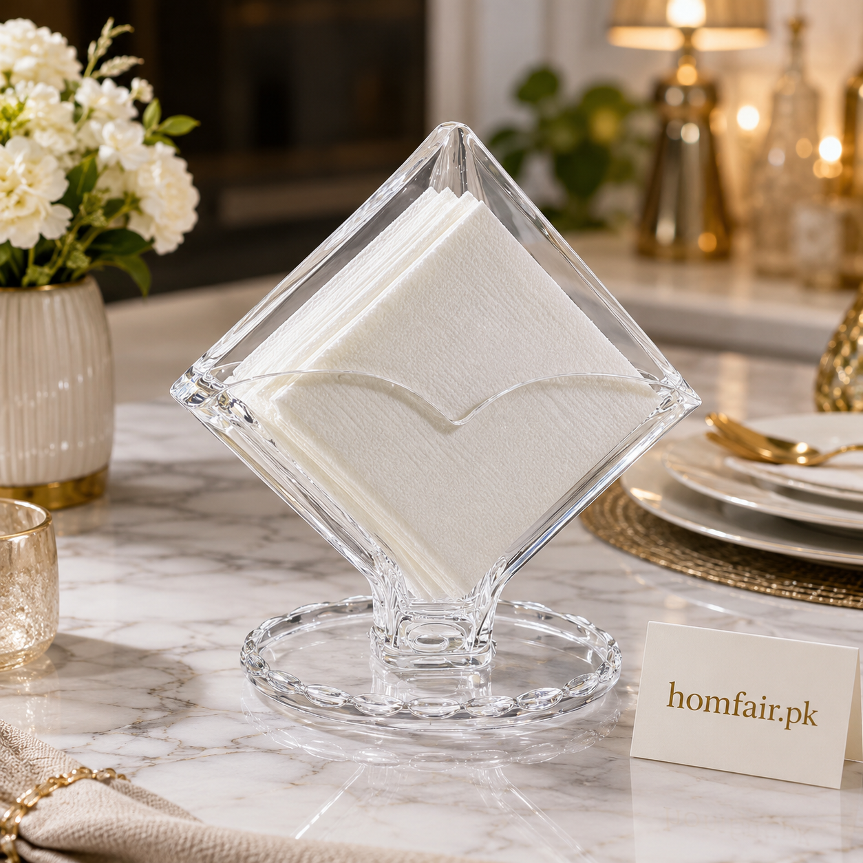 Premium Crystal Clear Acrylic Napkin Holder with Drip Tray – Modern Tabletop Tissue Dispenser