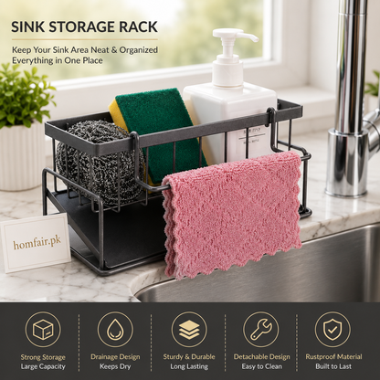 Kitchen Sink Organizer Rack with Drain Tray & Towel Holder