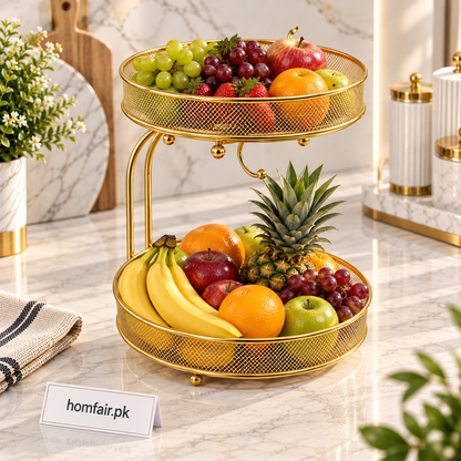 Luxury 2-Tier Gold Fruit Basket Stand with Banana Hanger Hook