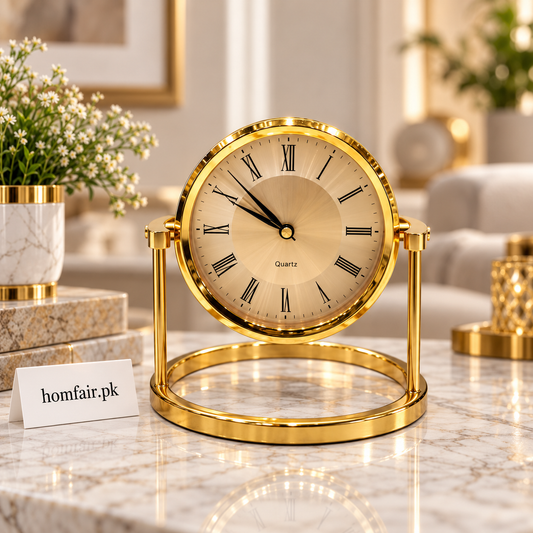 Luxury Gold Round Table Clock – Elegant Modern Quartz Desk Clock & Home Décor Showpiece