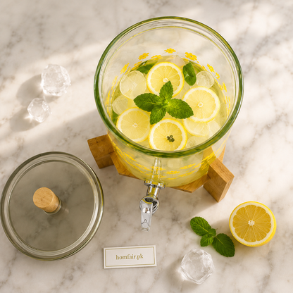 Glass Beverage Dispenser with Wooden Stand & Tap
