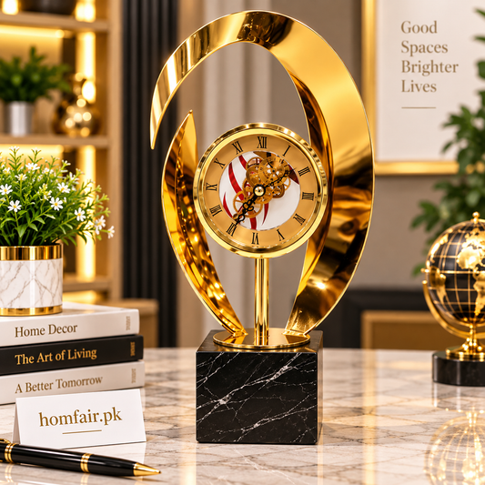 Luxury Gold Oval Skeleton Table Clock with Black Marble Base – Elegant Decorative Desk Clock
