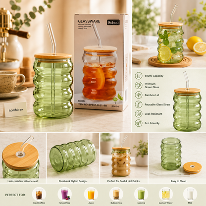 500ml Green Ribbed Glass Tumbler with Bamboo Lid & Glass Straw