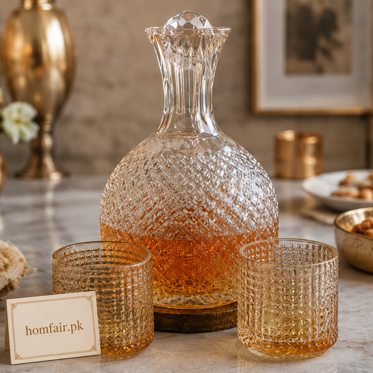 Premium Revolving Glass Decanter Set with 6 Whiskey Glasses