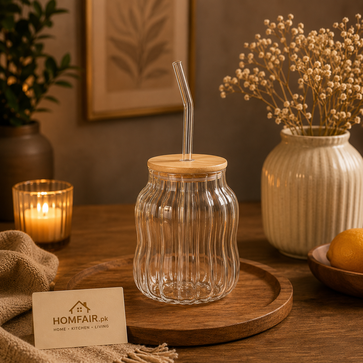 Ribbed Glass Tumbler with Bamboo Lid & Glass Straw