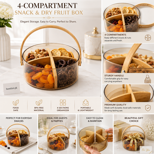 Premium 4-Compartment Snack & Dry Fruit Storage Box with Handle