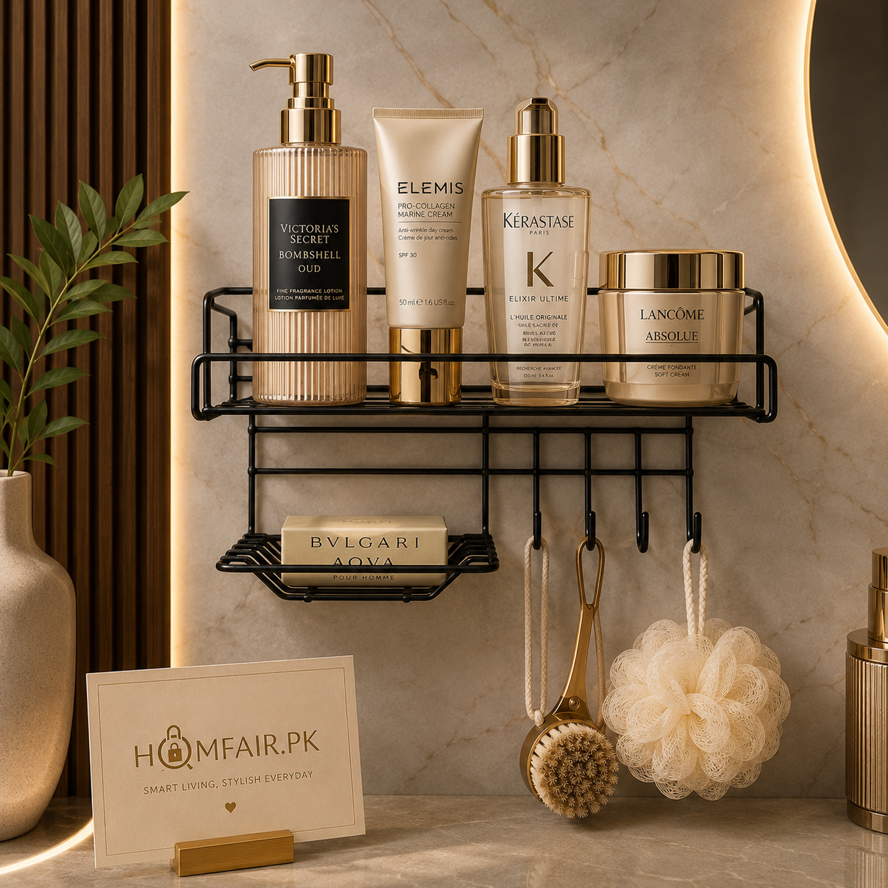Bathroom Storage Shelf with Hooks and Soap Dish Wall Mounted Organizer Rack