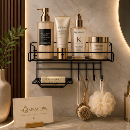Bathroom Storage Shelf with Hooks and Soap Dish Wall Mounted Organizer Rack