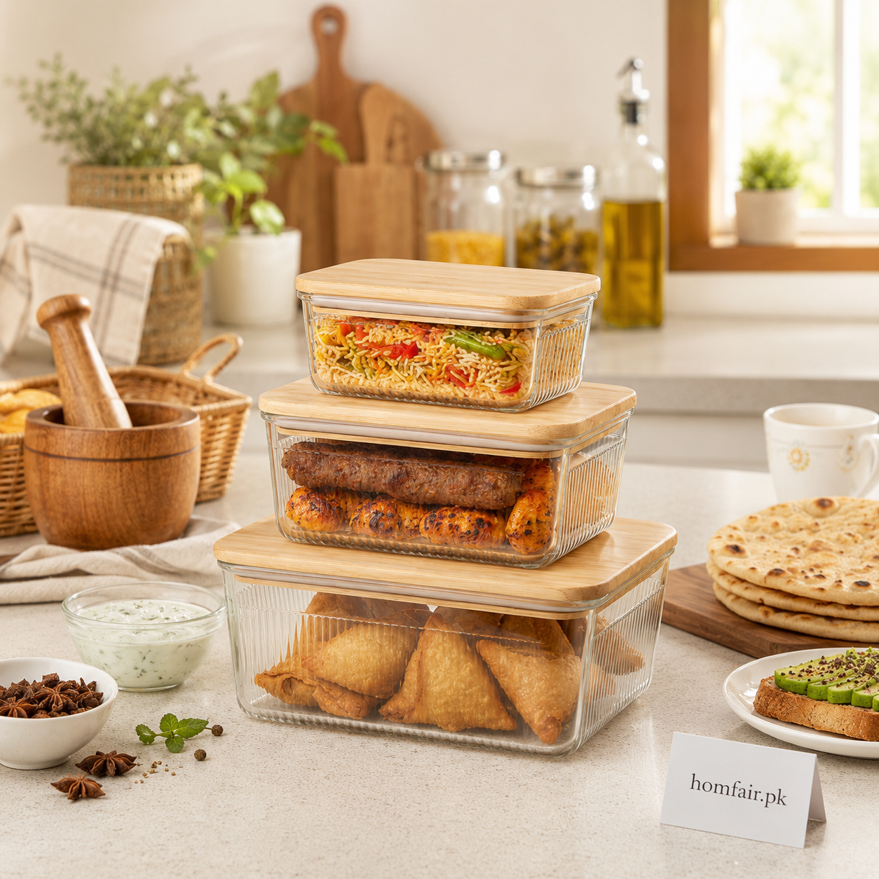 Limon Robust 3-Piece Glass Container Set with Wooden Lid