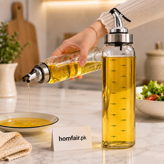 Premium Glass Oil Dispenser Bottle with Stainless Steel Auto Flip Pour Spout – 450ml