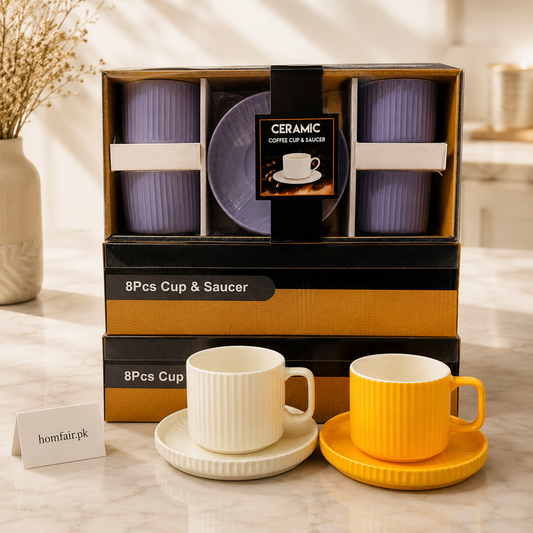 Ribbed Ceramic Coffee Cup & Saucer Set – 8 Pcs