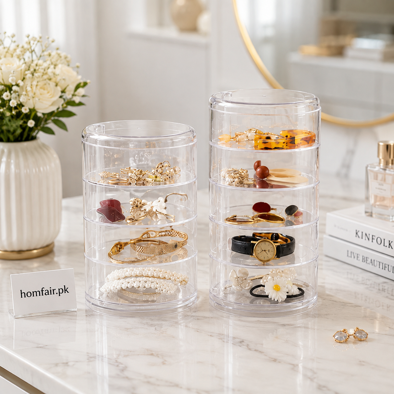Round Acrylic Jewelry Organizer with Multi-Layer Storage
