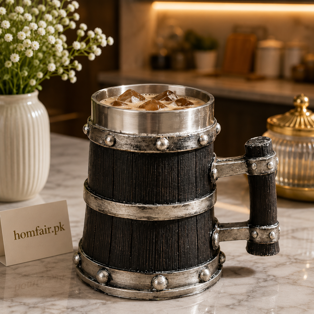 Black Wooden Barrel Coffee Mug with Stainless Steel Rim