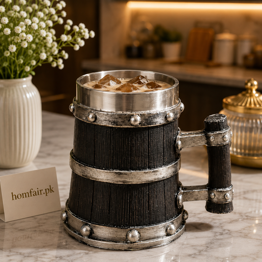 Black Wooden Barrel Coffee Mug with Stainless Steel Rim