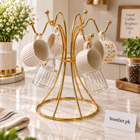 Gold Metal Mug Tree Stand for Six Cups