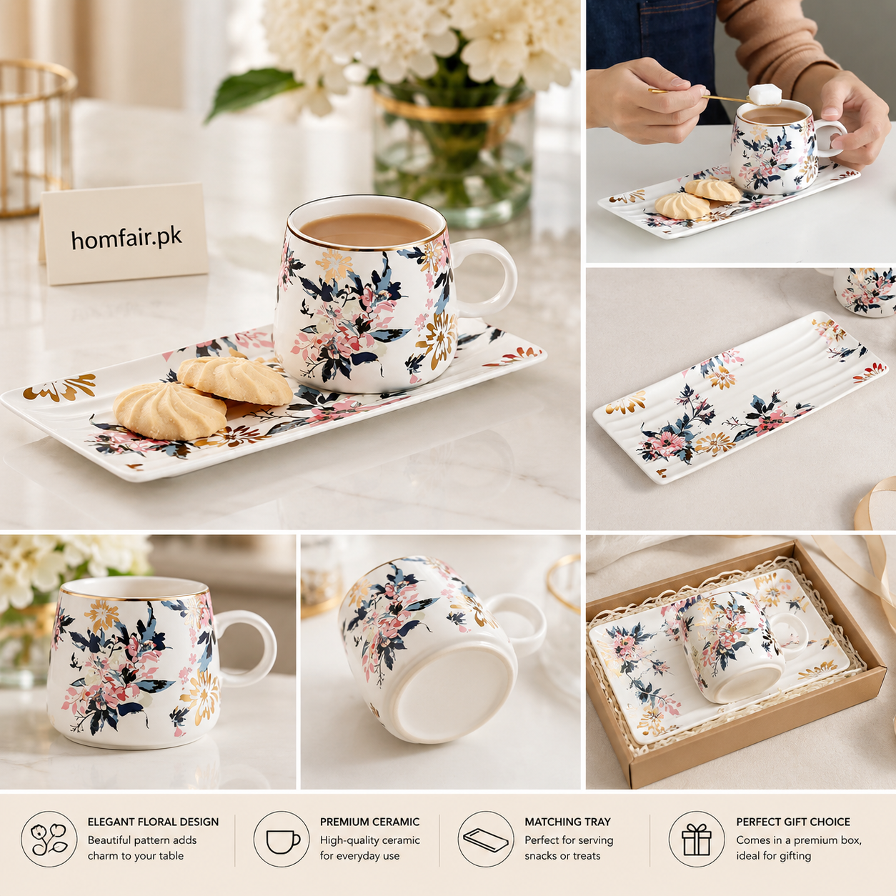 Luxury Floral Ceramic Coffee Mug with Serving Tray – Premium Tea & Coffee Gift Set