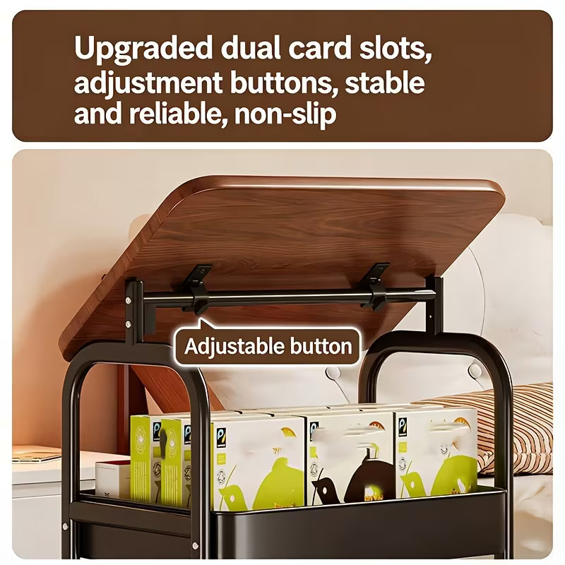 Luxury Rolling Sofa Side Table with Flip-Top Laptop Desk & 2-Tier Storage Cart on Wheels