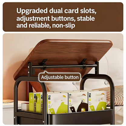 Luxury Rolling Sofa Side Table with Flip-Top Laptop Desk & 2-Tier Storage Cart on Wheels