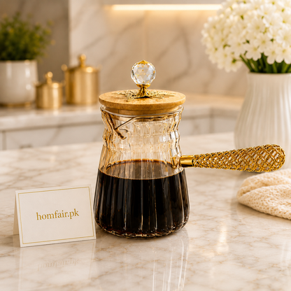 Premium Borosilicate Glass Coffee Pot with Wooden Lid & Golden Handle