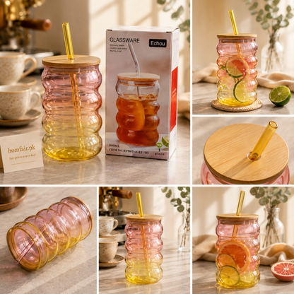 580ml Gradient Ribbed Glass Tumbler with Bamboo Lid & Glass Straw