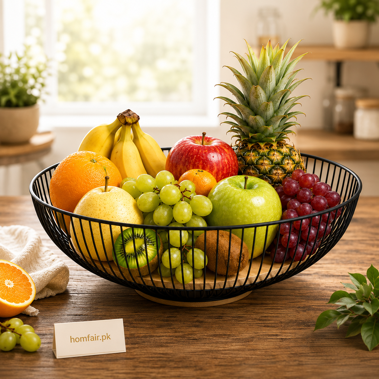 Premium Round Metal Wire Fruit Basket with Wooden Base – Modern Multi-Purpose Storage Bowl