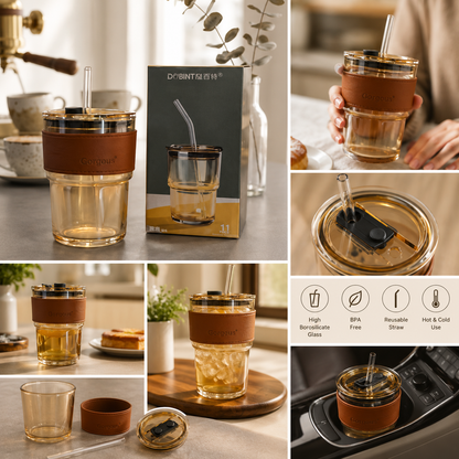 470ml Glass Tumbler with Leather Sleeve, Lid & Glass Straw