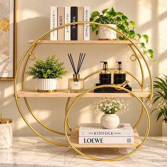 Luxury Gold Circular Display Shelf with 3 Wooden Tiers – Modern Home Decor & Storage Rack
