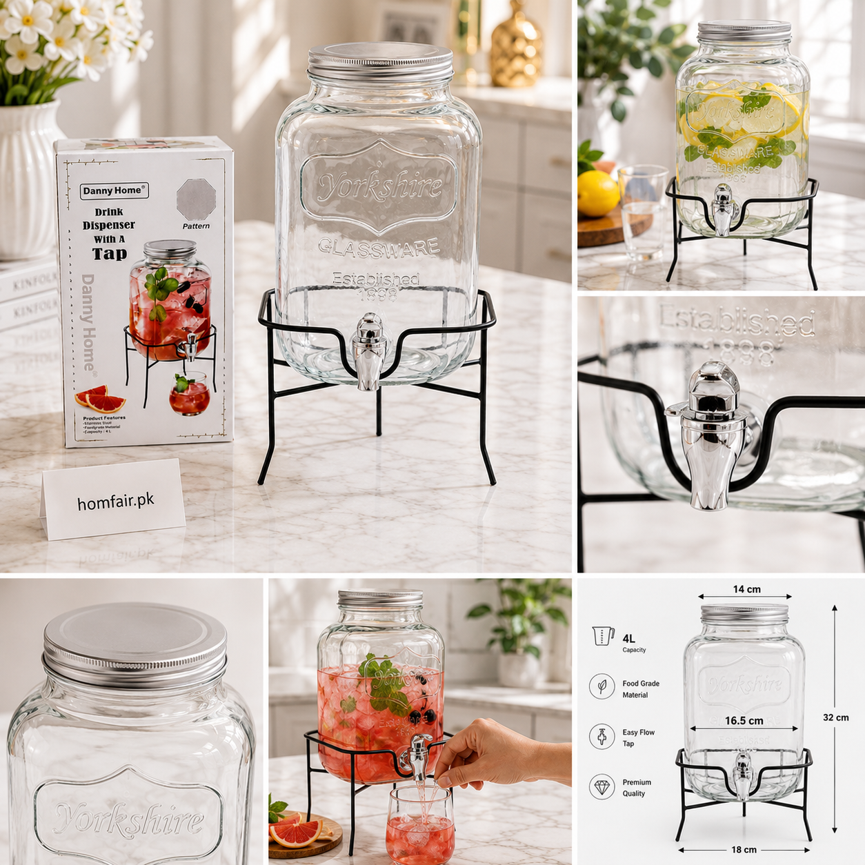 Danny Home Glass Drink Dispenser with Tap & Metal Stand – 4L Beverage Server