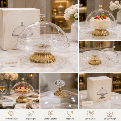 Clear Acrylic Cake Stand with Dome Lid & Gold Base