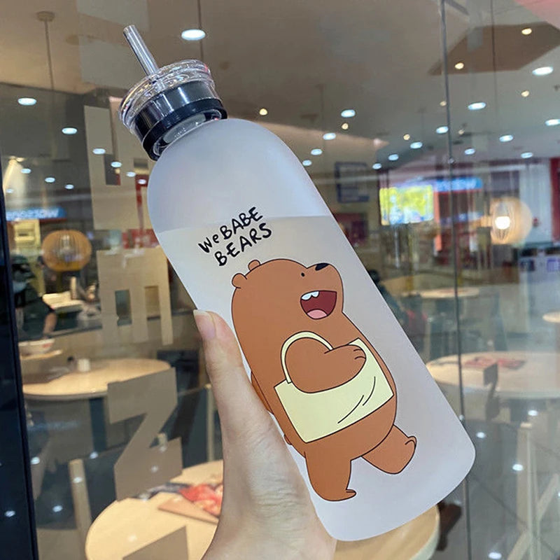 Cute Bear Cartoon Water Bottle 1000ml Leakproof Frosted Drinkware