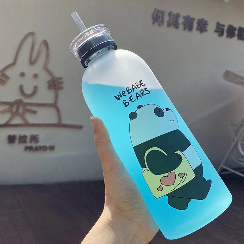 Cute Bear Cartoon Water Bottle 1000ml Leakproof Frosted Drinkware