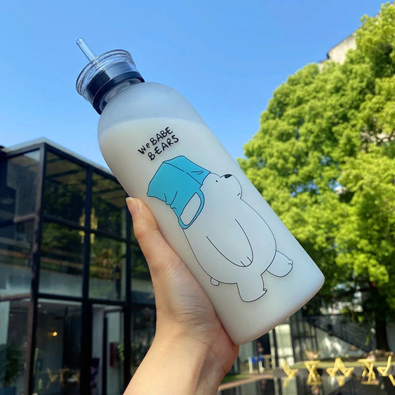 Cute Bear Cartoon Water Bottle 1000ml Leakproof Frosted Drinkware